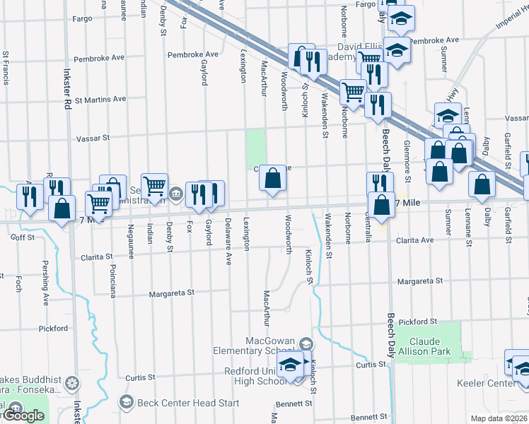 map of restaurants, bars, coffee shops, grocery stores, and more near 26341 West Seven Mile Road in Redford Charter Township