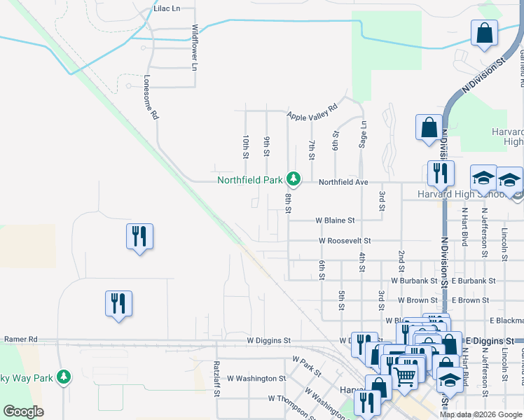 map of restaurants, bars, coffee shops, grocery stores, and more near 1014 9th Street in Harvard