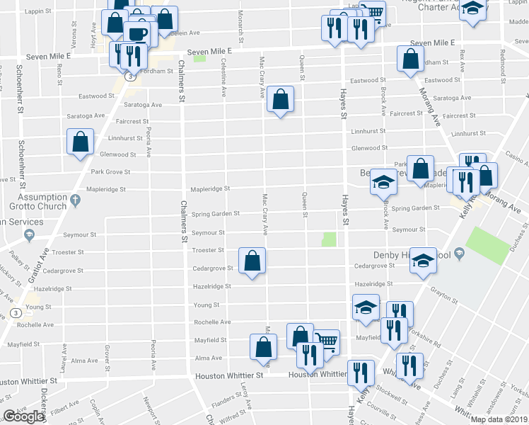 map of restaurants, bars, coffee shops, grocery stores, and more near Spring Garden Street in Detroit