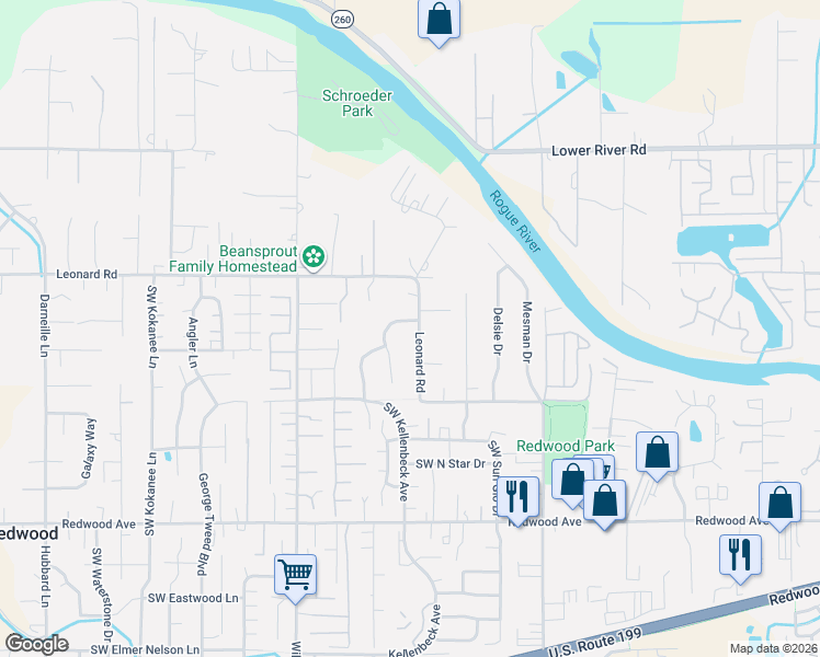 map of restaurants, bars, coffee shops, grocery stores, and more near 1712 Leonard Road in Grants Pass
