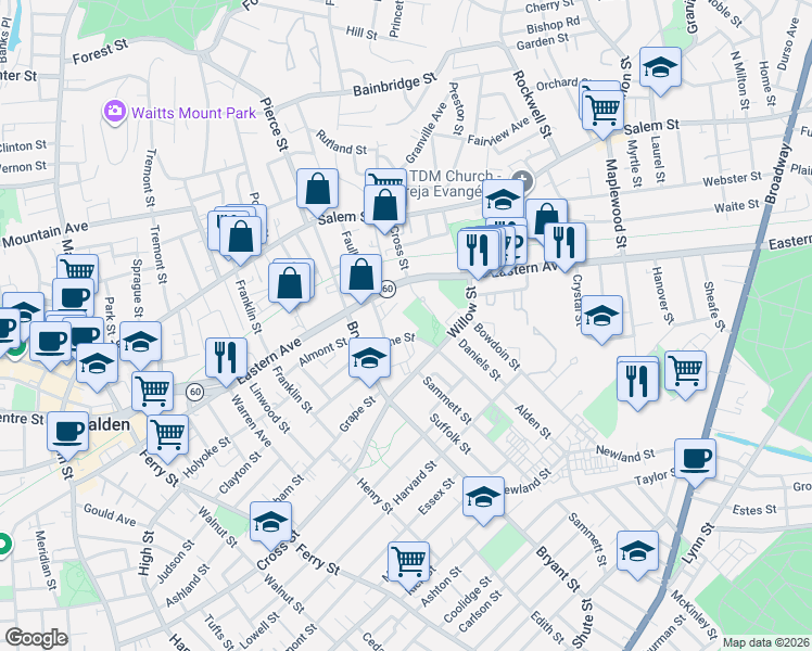 map of restaurants, bars, coffee shops, grocery stores, and more near 66 Willow Street in Malden