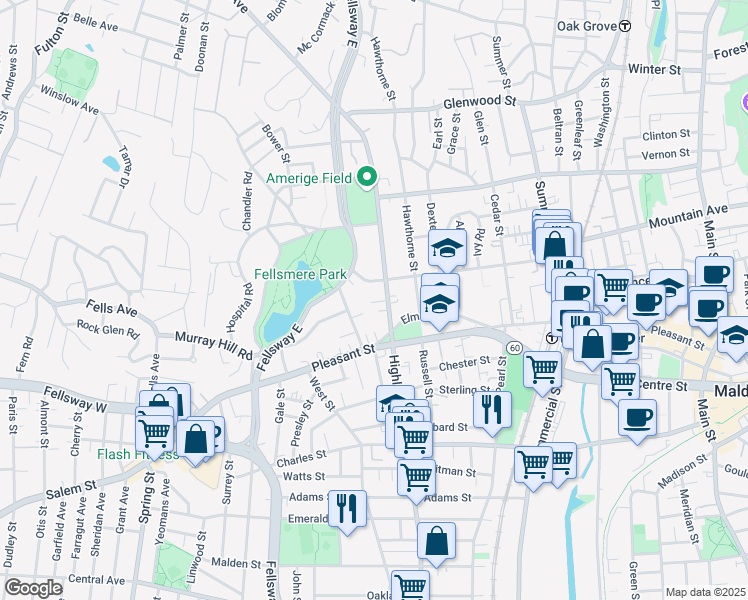 map of restaurants, bars, coffee shops, grocery stores, and more near 18 Overlook Park in Malden