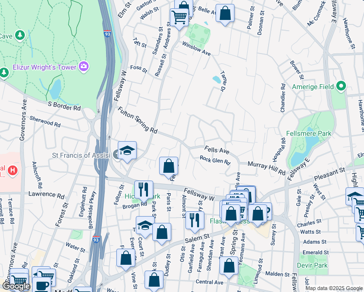 map of restaurants, bars, coffee shops, grocery stores, and more near 5 Lookout Road in Medford
