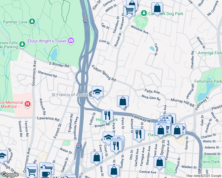 map of restaurants, bars, coffee shops, grocery stores, and more near 6 Mammola Way in Medford