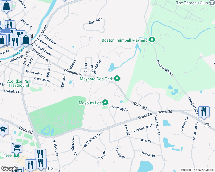 map of restaurants, bars, coffee shops, grocery stores, and more near 6 Oak Ridge Drive in Maynard