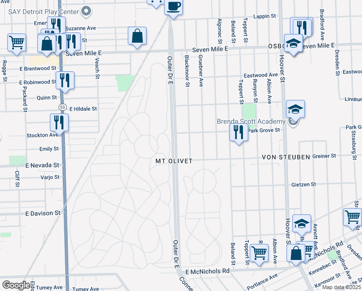 map of restaurants, bars, coffee shops, grocery stores, and more near 18025 Blackmoor Street in Detroit