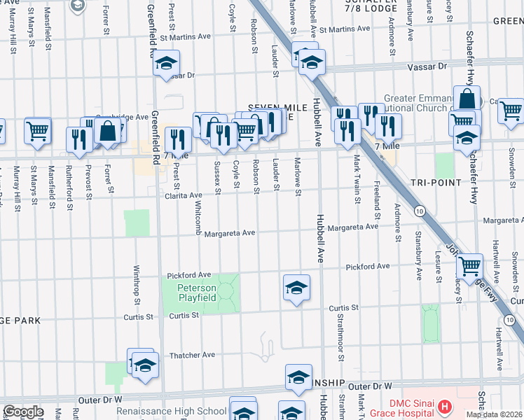 map of restaurants, bars, coffee shops, grocery stores, and more near 18629 Lauder Street in Detroit