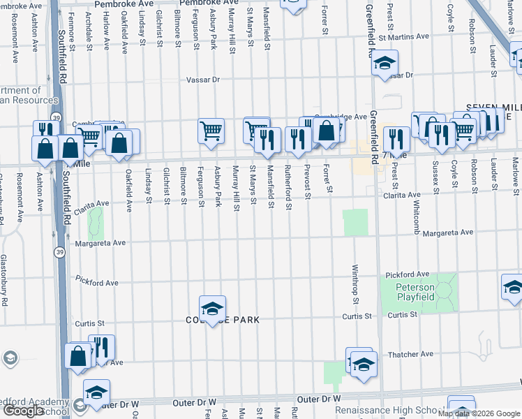 map of restaurants, bars, coffee shops, grocery stores, and more near 18651 Mansfield Street in Detroit