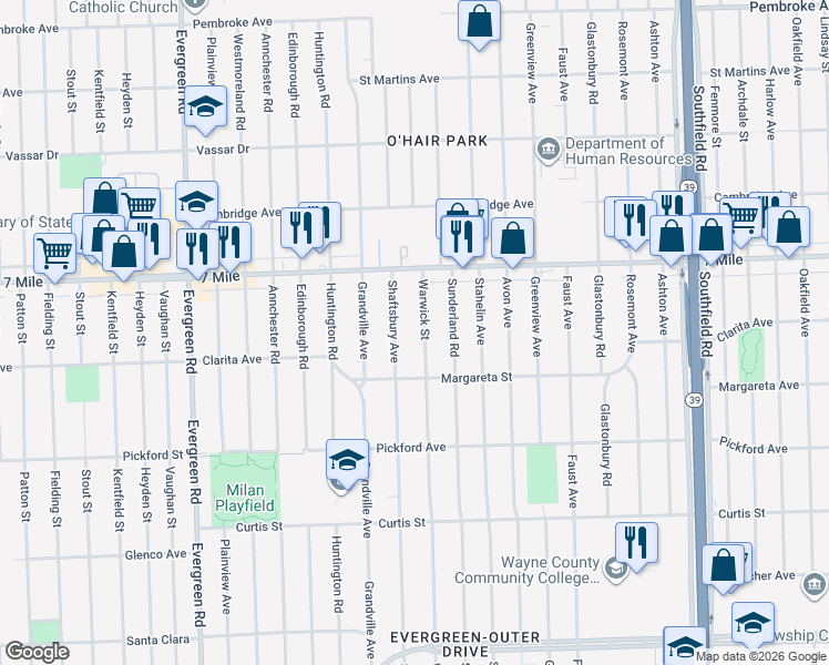 map of restaurants, bars, coffee shops, grocery stores, and more near 18650 Shaftsbury Avenue in Detroit