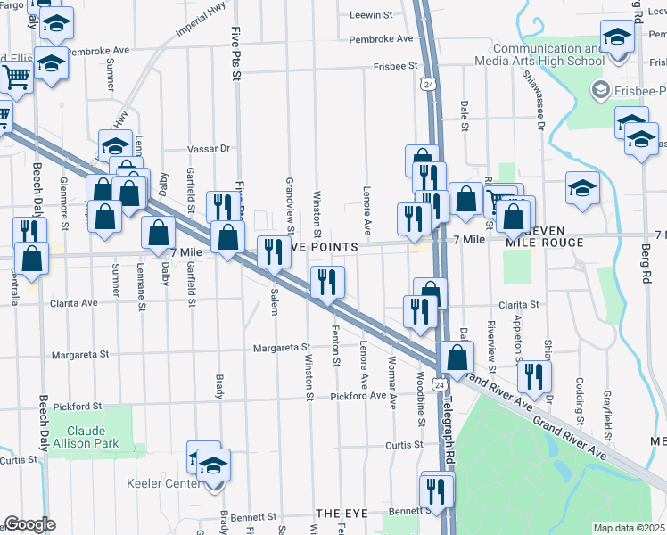 map of restaurants, bars, coffee shops, grocery stores, and more near 18979 Fenton in Detroit