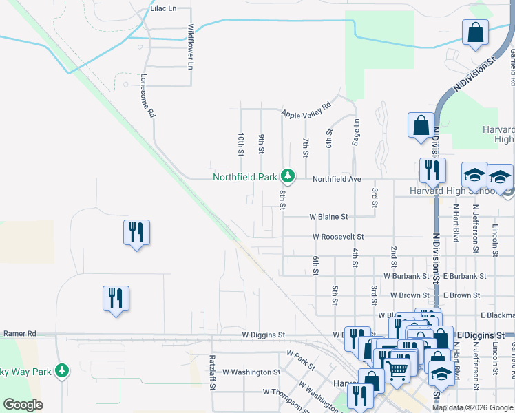 map of restaurants, bars, coffee shops, grocery stores, and more near 1014 9th Street in Harvard