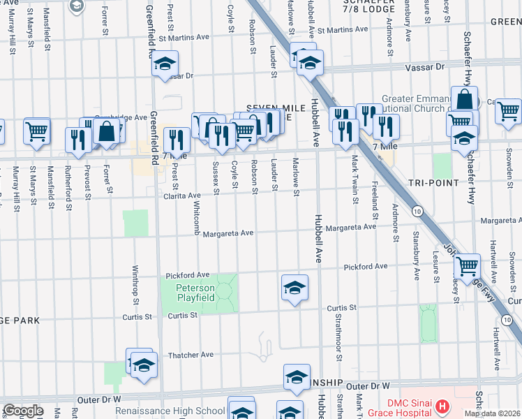 map of restaurants, bars, coffee shops, grocery stores, and more near 18629 Lauder Street in Detroit