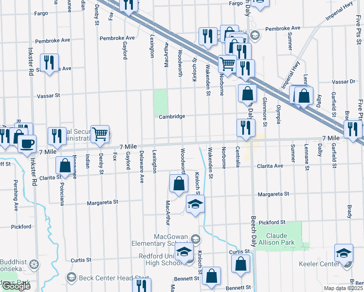 map of restaurants, bars, coffee shops, grocery stores, and more near 26235 East 7 Mile Road in Redford Charter Township