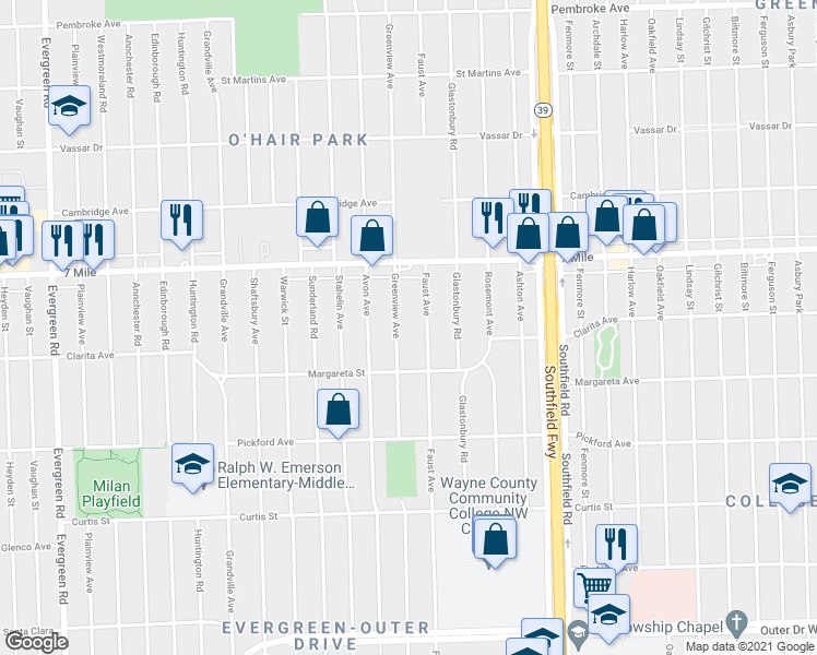 map of restaurants, bars, coffee shops, grocery stores, and more near 18682 Greenview Avenue in Detroit