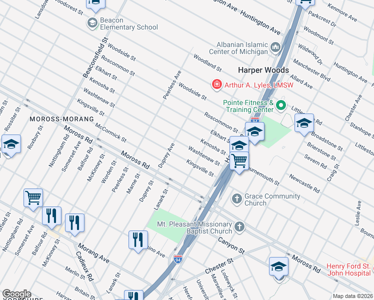 map of restaurants, bars, coffee shops, grocery stores, and more near 20493 Kingsville Street in Harper Woods