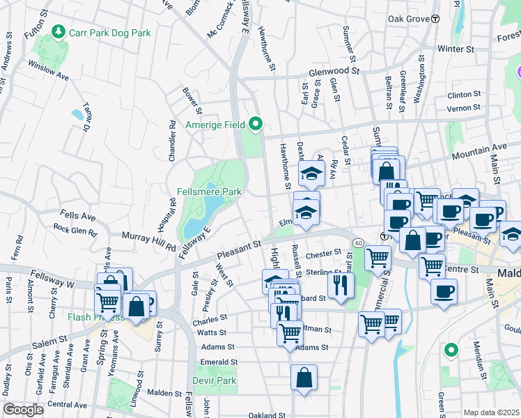 map of restaurants, bars, coffee shops, grocery stores, and more near 18 Overlook Park in Malden