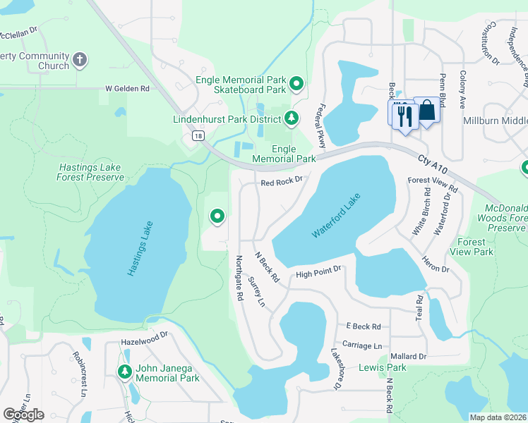 map of restaurants, bars, coffee shops, grocery stores, and more near 413 Red Rock Drive in Lindenhurst