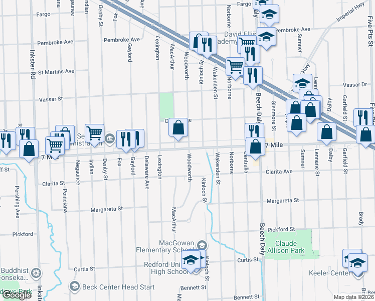 map of restaurants, bars, coffee shops, grocery stores, and more near 26235 East 7 Mile Road in Redford Charter Township