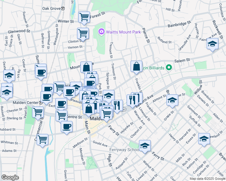 map of restaurants, bars, coffee shops, grocery stores, and more near 77 Salem Street in Malden