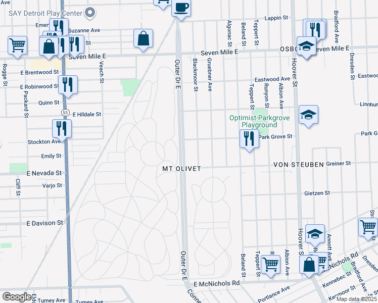 map of restaurants, bars, coffee shops, grocery stores, and more near 18025 Blackmoor Street in Detroit