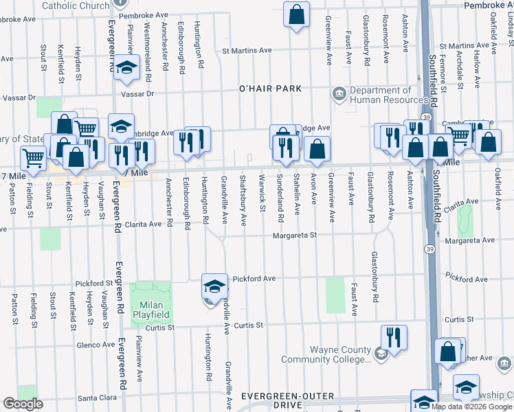 map of restaurants, bars, coffee shops, grocery stores, and more near 18650 Shaftsbury Avenue in Detroit