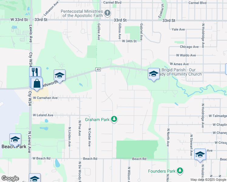 map of restaurants, bars, coffee shops, grocery stores, and more near 1100 Bank Lane in Zion