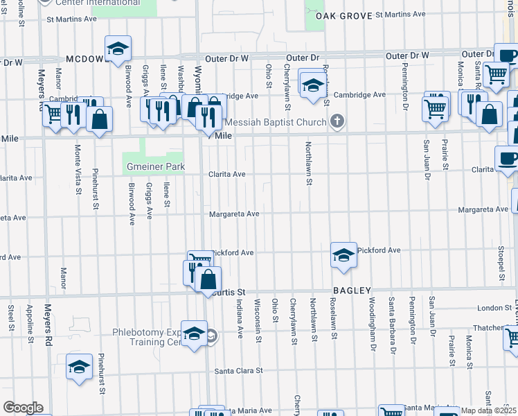 map of restaurants, bars, coffee shops, grocery stores, and more near 18610 Wisconsin Street in Detroit