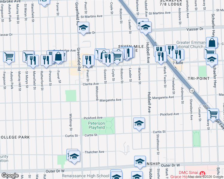 map of restaurants, bars, coffee shops, grocery stores, and more near 18636 Coyle Street in Detroit