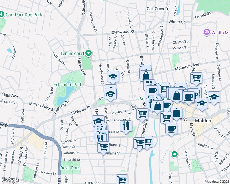map of restaurants, bars, coffee shops, grocery stores, and more near 401 Pleasant Street in Malden