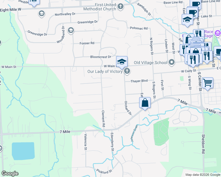 map of restaurants, bars, coffee shops, grocery stores, and more near 19666 Clement Road in Northville