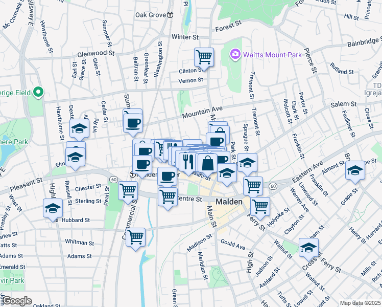 map of restaurants, bars, coffee shops, grocery stores, and more near 99 Florence Street in Malden