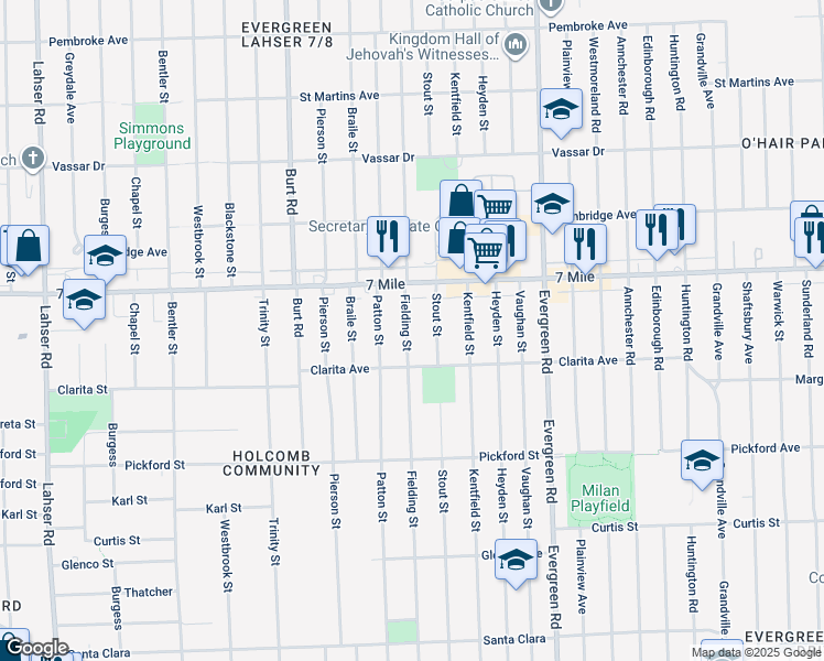 map of restaurants, bars, coffee shops, grocery stores, and more near 18972 Fielding Street in Detroit