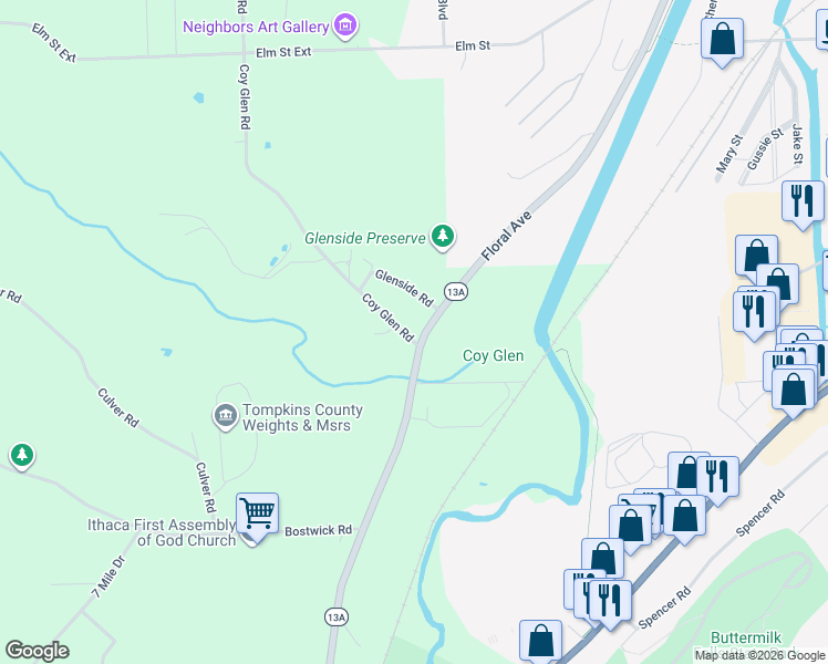 map of restaurants, bars, coffee shops, grocery stores, and more near 603 5 Mile Dr in Ithaca