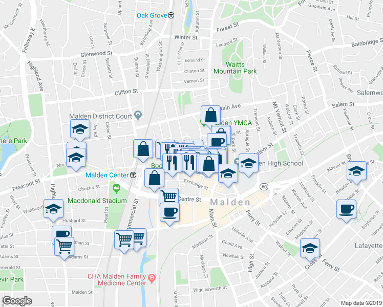 map of restaurants, bars, coffee shops, grocery stores, and more near in Malden