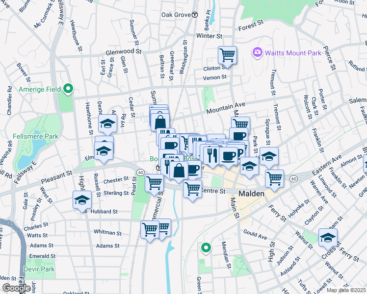 map of restaurants, bars, coffee shops, grocery stores, and more near 157 Pleasant Street in Malden