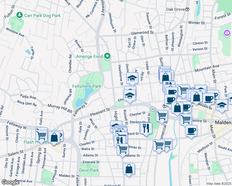 map of restaurants, bars, coffee shops, grocery stores, and more near 69 Elm Street in Malden