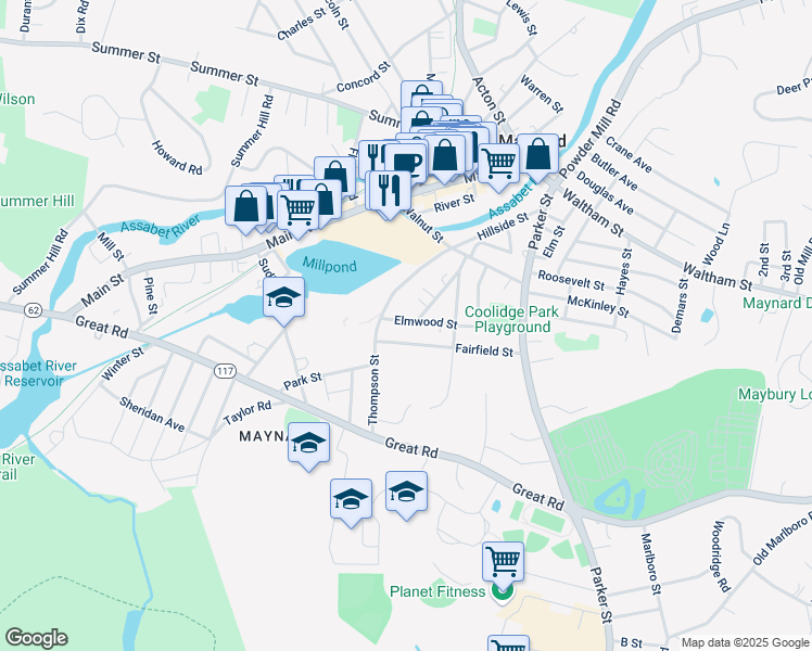 map of restaurants, bars, coffee shops, grocery stores, and more near 13 Fairfield Street in Maynard