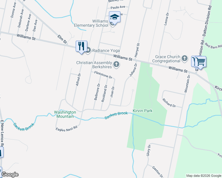map of restaurants, bars, coffee shops, grocery stores, and more near 43 Joan Drive in Pittsfield