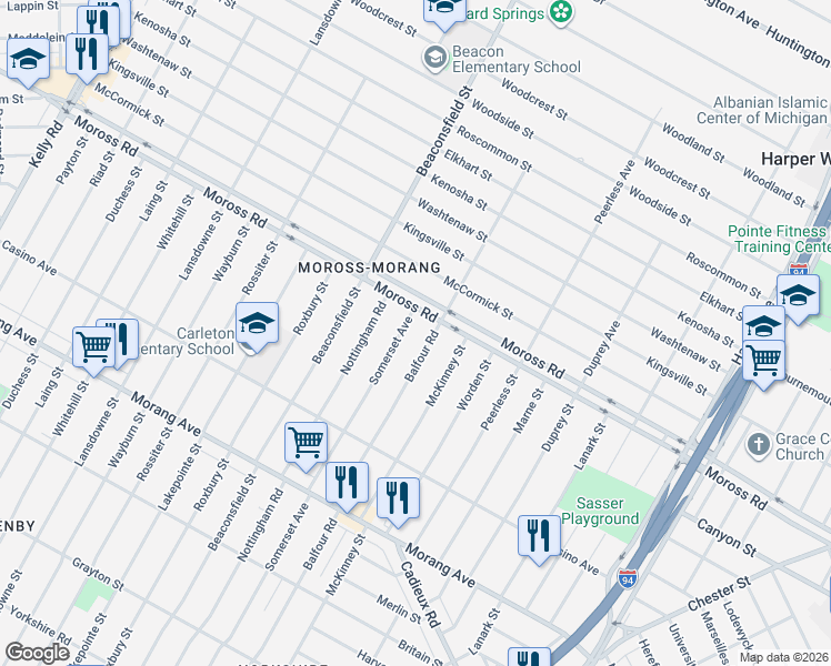 map of restaurants, bars, coffee shops, grocery stores, and more near 11509 Balfour Road in Detroit