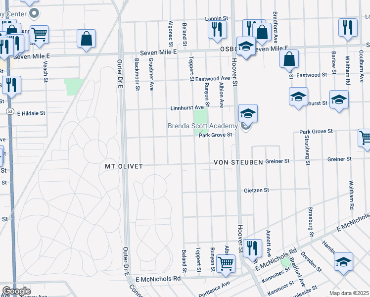 map of restaurants, bars, coffee shops, grocery stores, and more near 18025 Teppert Street in Detroit