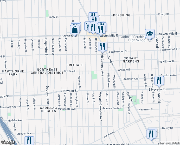 map of restaurants, bars, coffee shops, grocery stores, and more near 18111 Anglin Street in Detroit