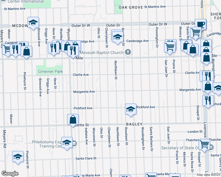 map of restaurants, bars, coffee shops, grocery stores, and more near 18501 Cherrylawn Street in Detroit