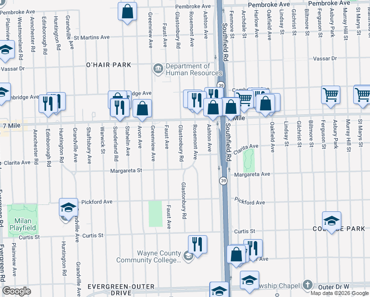 map of restaurants, bars, coffee shops, grocery stores, and more near 18641 Glastonbury Road in Detroit