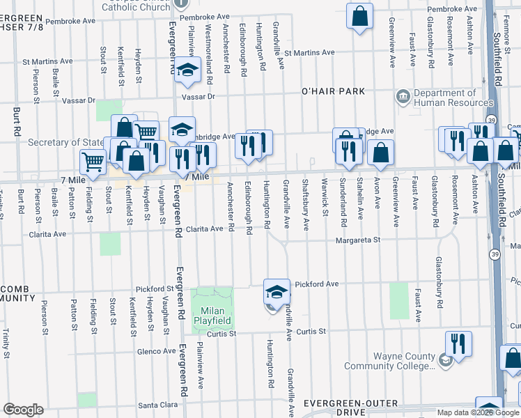 map of restaurants, bars, coffee shops, grocery stores, and more near 18909 Huntington Road in Detroit
