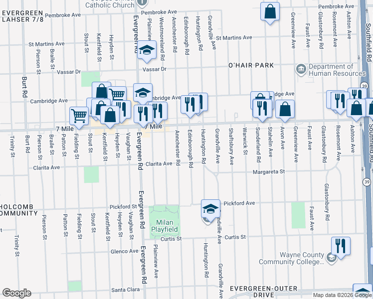 map of restaurants, bars, coffee shops, grocery stores, and more near 18914 Annchester Road in Detroit