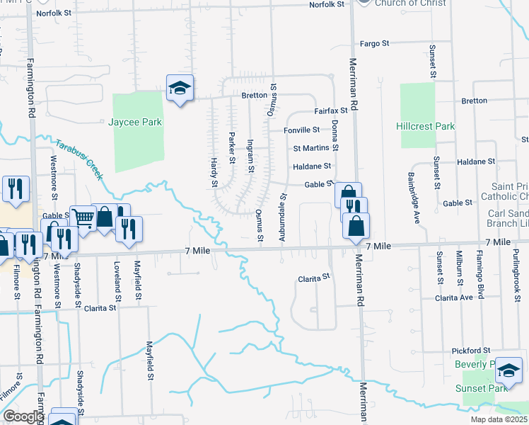 map of restaurants, bars, coffee shops, grocery stores, and more near 19170 Osmus Street in Livonia