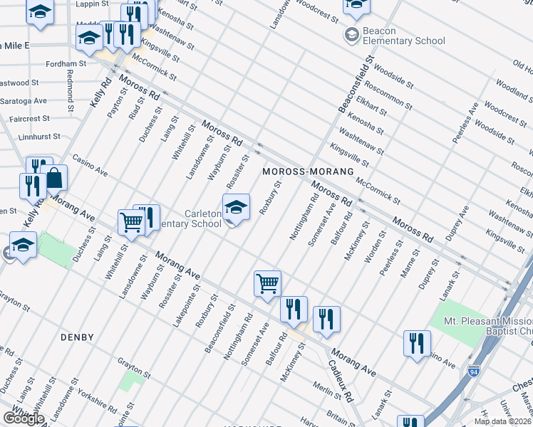 map of restaurants, bars, coffee shops, grocery stores, and more near 11832 Roxbury Street in Detroit
