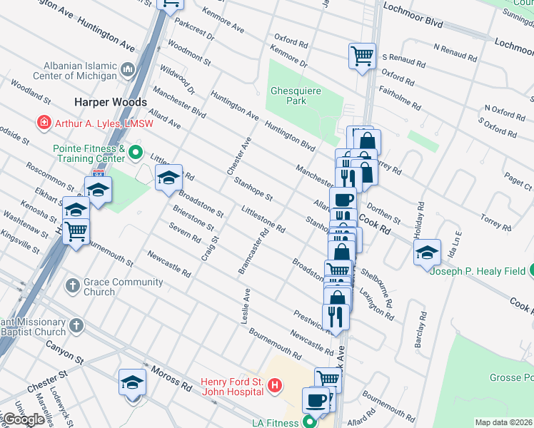 map of restaurants, bars, coffee shops, grocery stores, and more near 1859 Littlestone Road in Grosse Pointe Woods