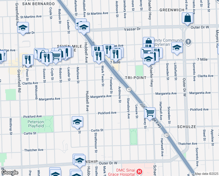 map of restaurants, bars, coffee shops, grocery stores, and more near 18661 Freeland Street in Detroit