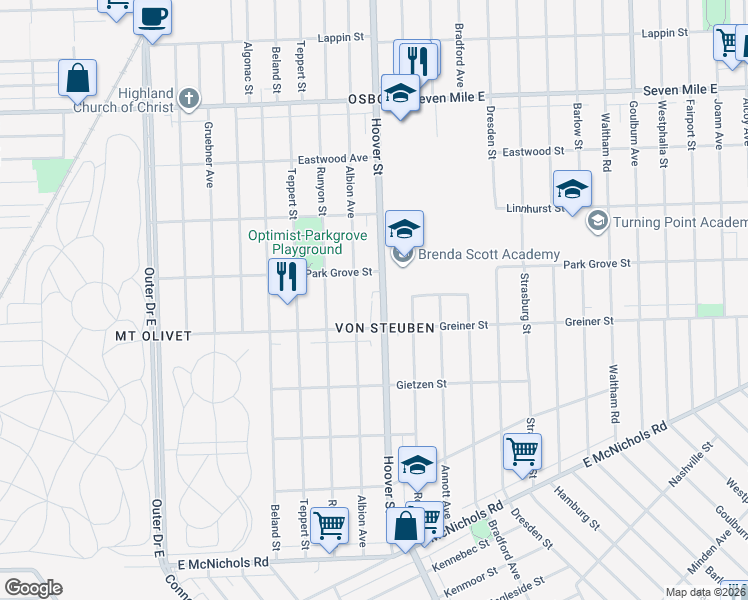 map of restaurants, bars, coffee shops, grocery stores, and more near 18059 Hoover Street in Detroit